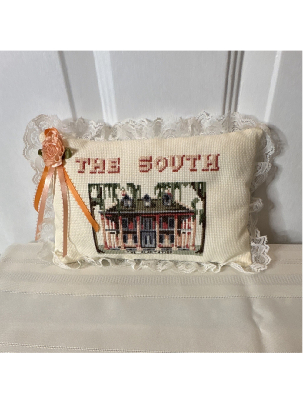 Handmade Lace Trim Embroidered Pillow The South Plantation Ribbon Flower